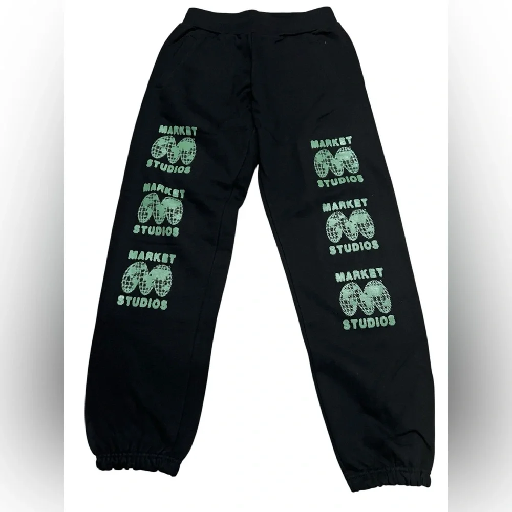 Market Studios men’s sweatpants joggers black green print size medium pockets‎